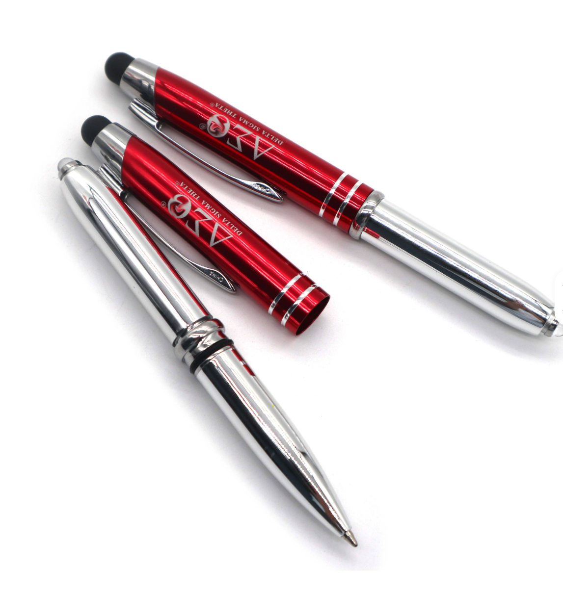 Crimson Delta Sigma Theta penlights with stylus tips and ΔΣΘ lettering
