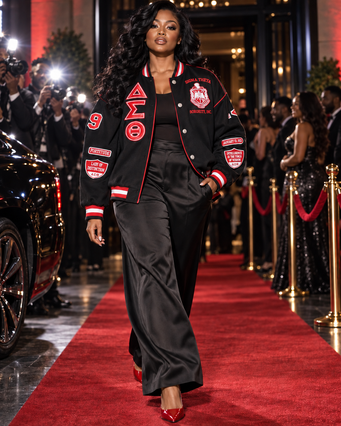 Woman wearing a black Delta Sigma Theta varsity jacket and black satin trousers