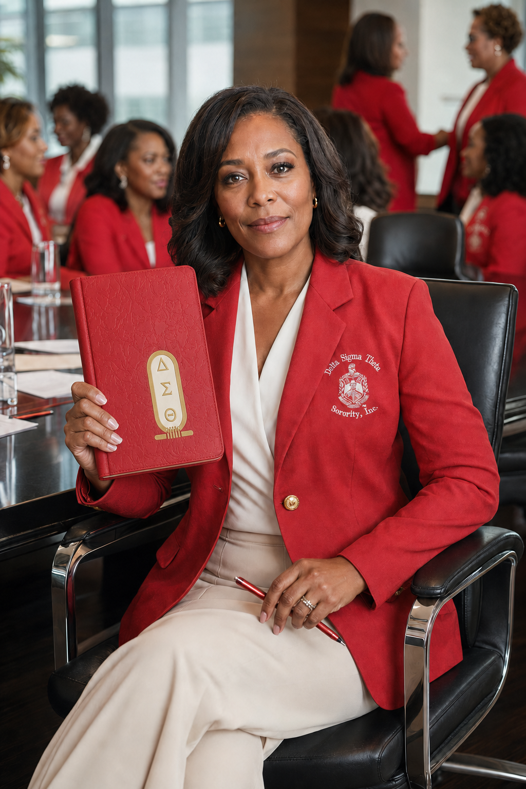 Delta chapter leader in a crimson crest blazer holding a Delta Sigma Theta ritual binder at a boardroom meeting