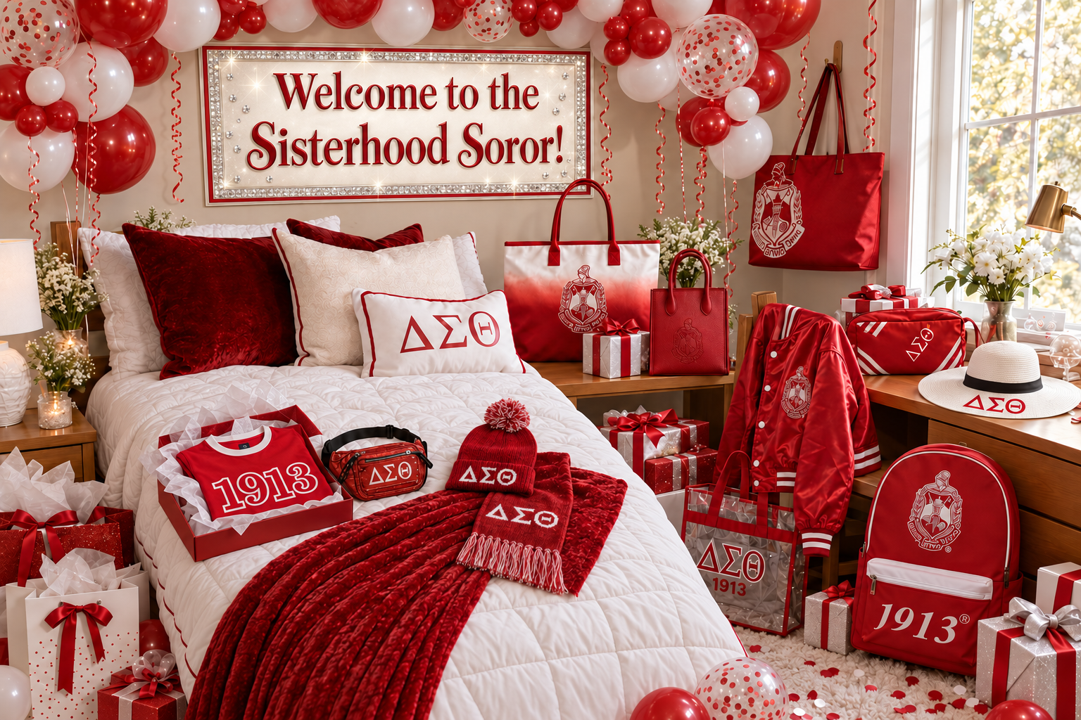 Crimson and white new member room with Welcome to the Sisterhood Soror sign, balloons, Delta bags, jacket and gifts