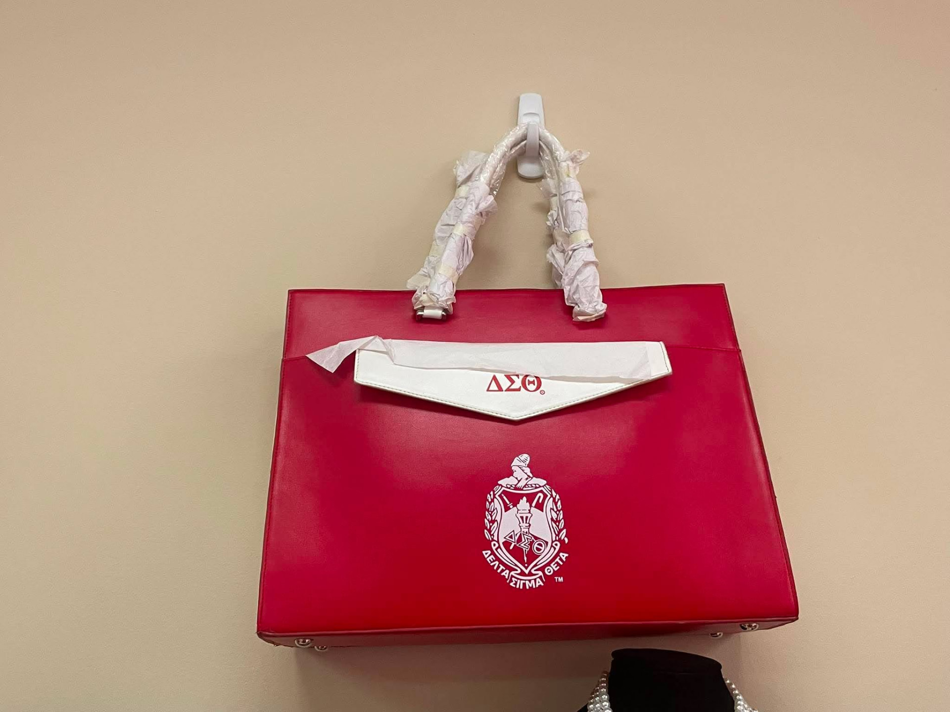 Structured red satchel with white Delta Sigma Theta envelope pocket and embroidered crest