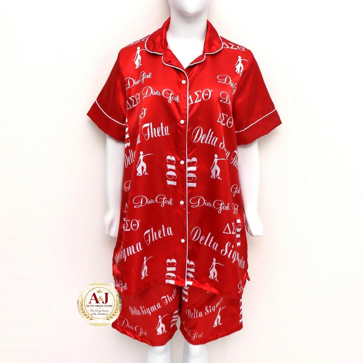 Red Graffi-D satin-feel pajama short set with white piping and an all-over Delta graffiti print