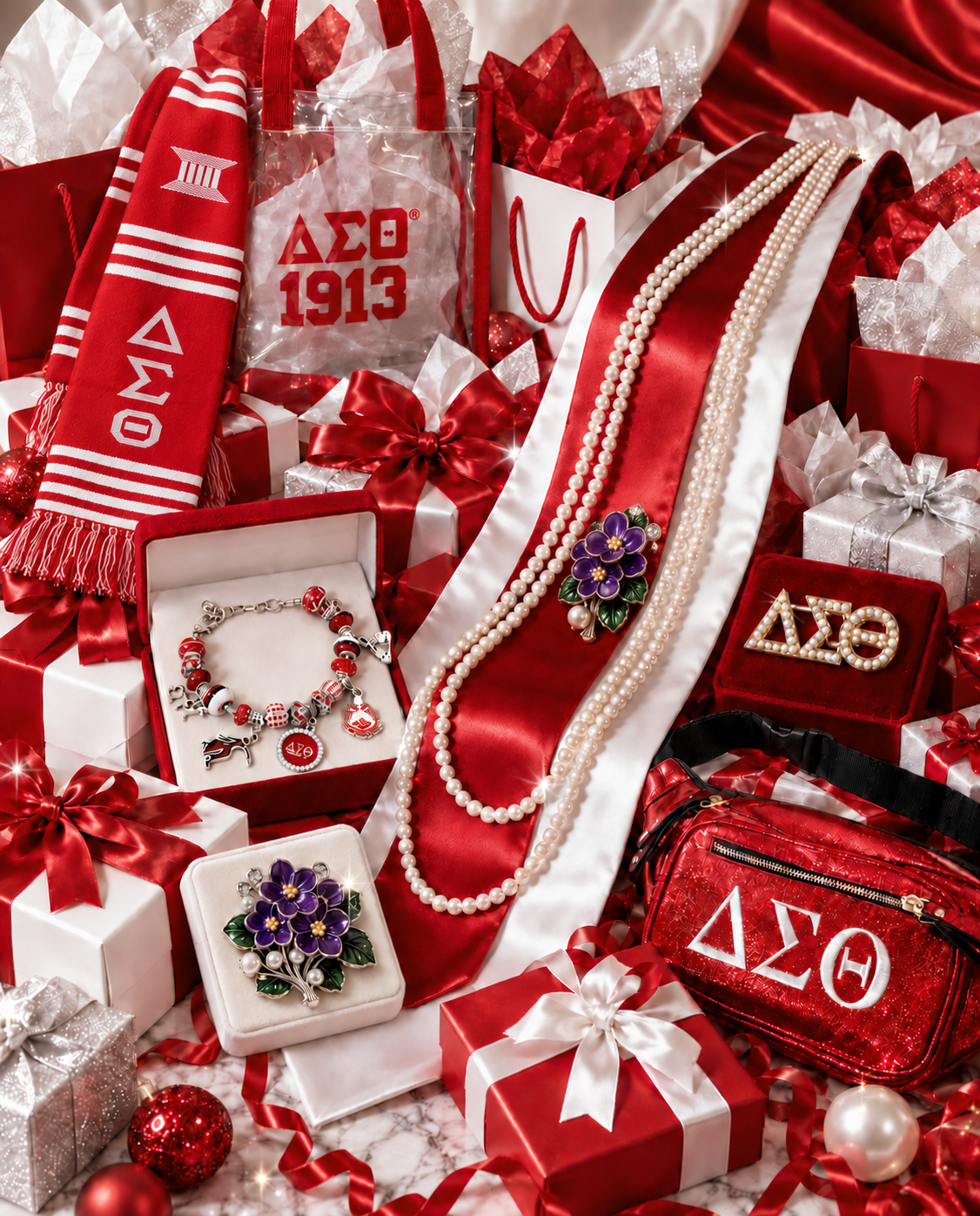 Crimson and white gift boxes, bags and bows with pearl strands over a red and white stole, Delta charm bracelet, violet brooch and crimson belt bag