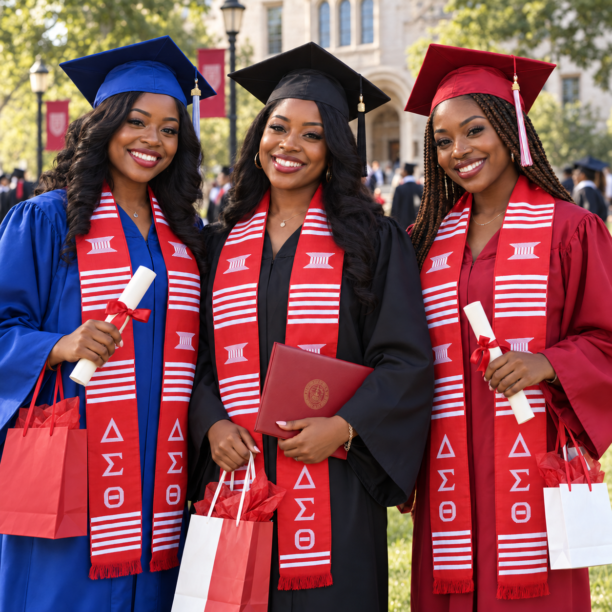 Three Delta graduates in blue, black and crimson caps and gowns wearing red and white Delta kente stoles, holding diplomas and gift bags on campus