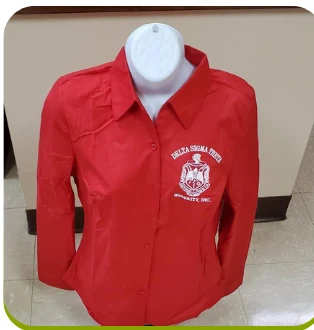 Red tailored button-front blouse with embroidered Delta Sigma Theta crest