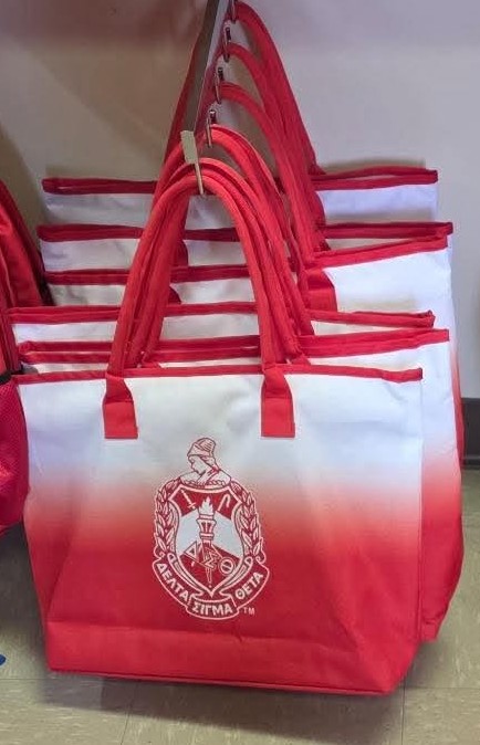 Red and white ombré carryall tote with the Delta Sigma Theta crest