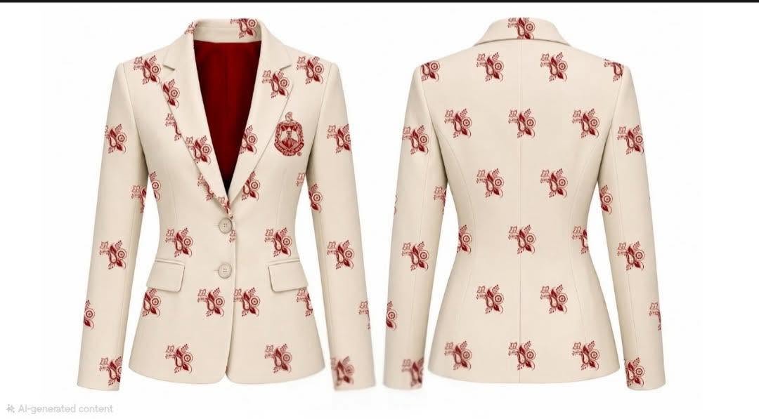 Fleuris Blazer — ivory blazer with all-over crimson floral motif, embroidered Delta Sigma Theta crest, front and back views