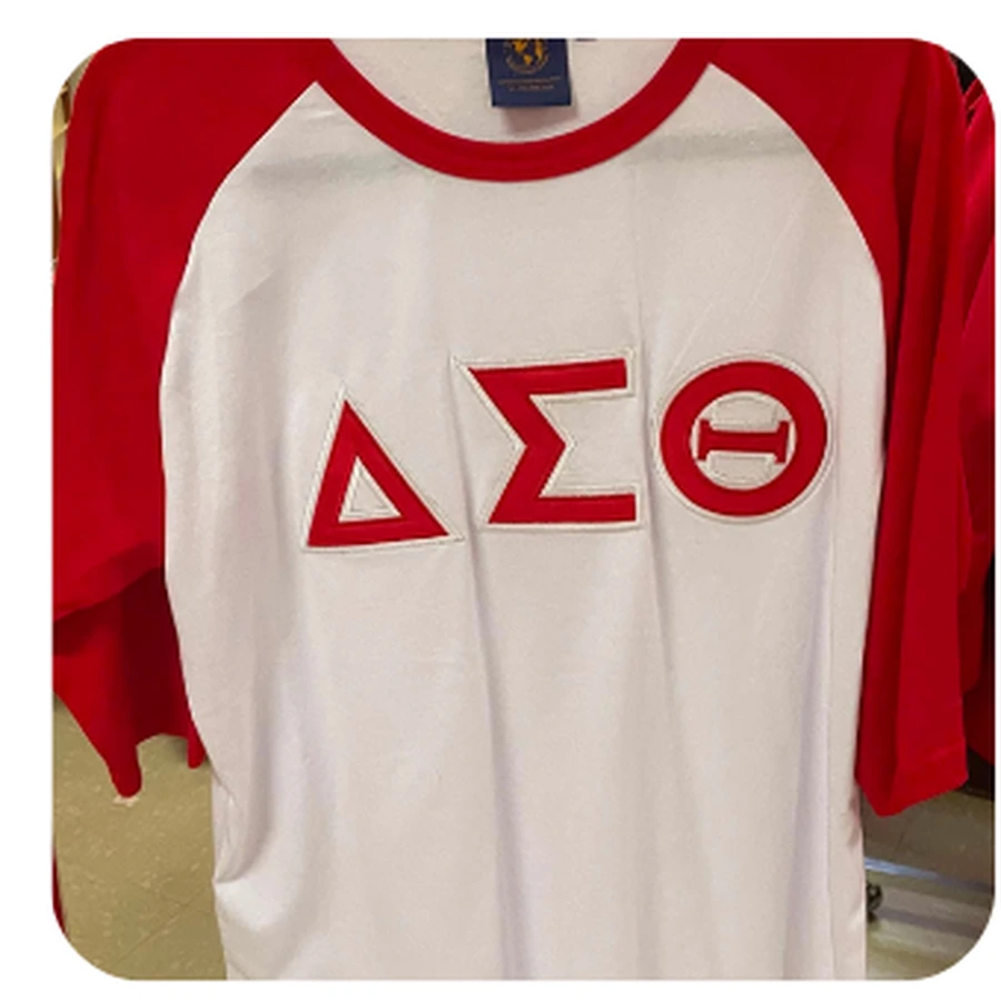 White and red DST varsity raglan tee