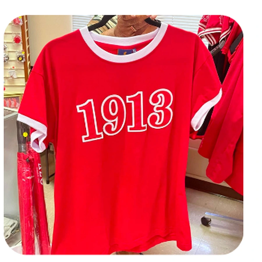 Red and white 1913 ringer tee