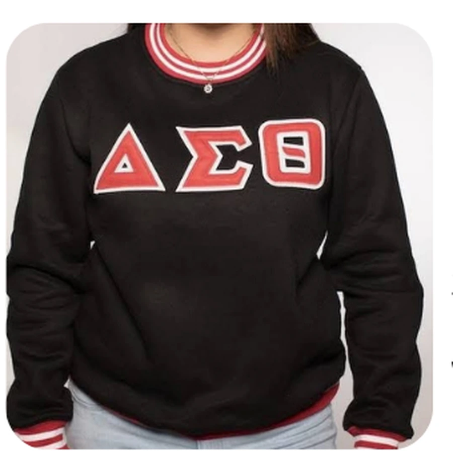 Black DST triple-stripe varsity crewneck sweatshirt