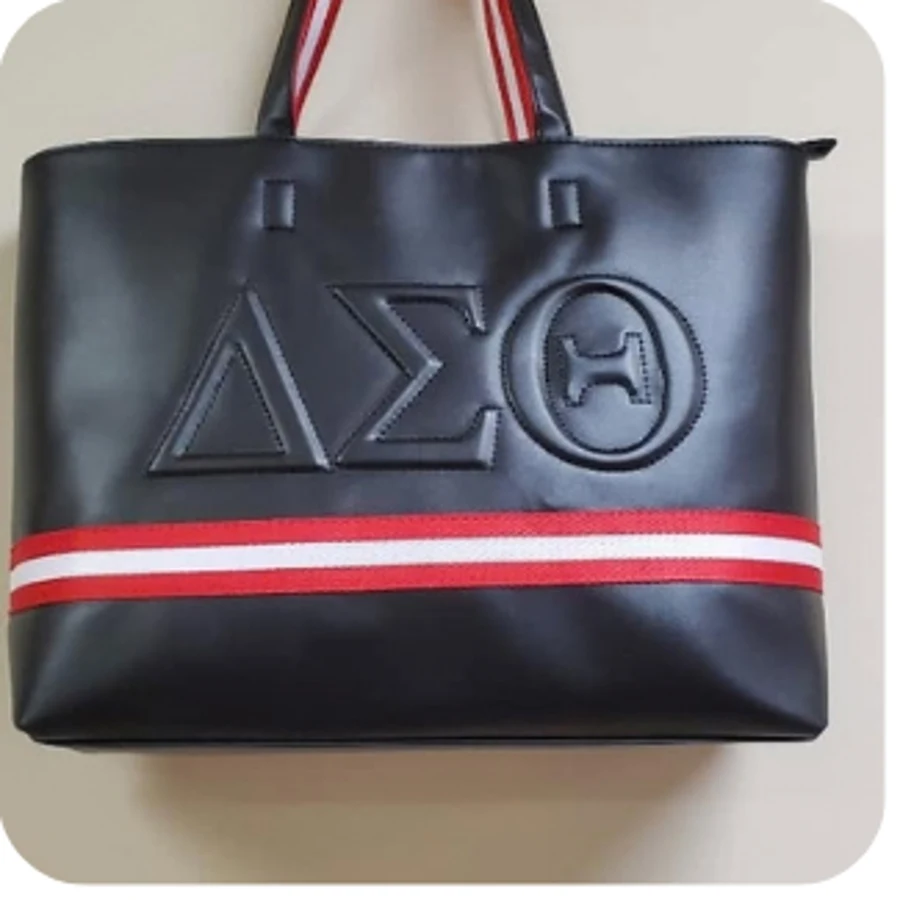 Black embossed Delta Sigma Theta tote with red-and-white stripe