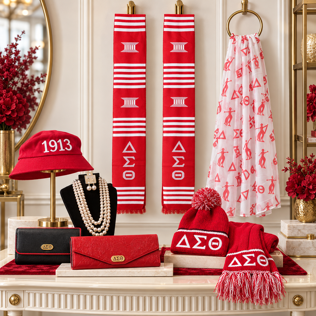 Delta Sigma Theta accessories display with kente stoles, sheer scarf, 1913 bucket hat, pearl necklace set, wallets, pom beanie and fringed scarf