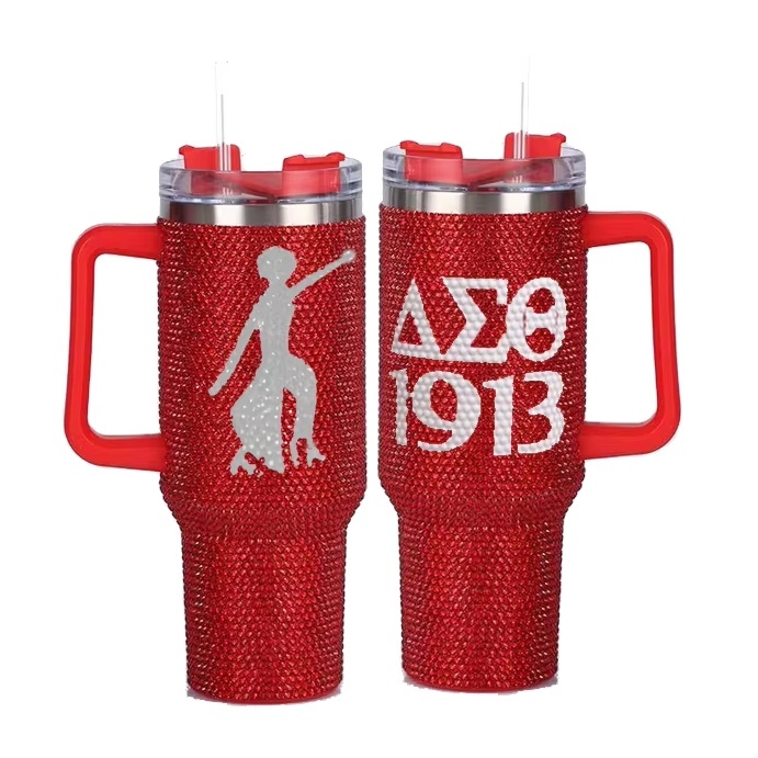 Crimson rhinestone 1913 Fortitude jeweled tumbler with ΔΣΘ lettering and 1913, shown front and back