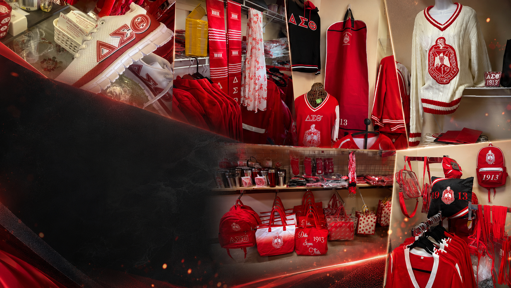 Collage of Delta Sigma Theta apparel, bags, jerseys, and accessories inside A & J Elite Greek Store