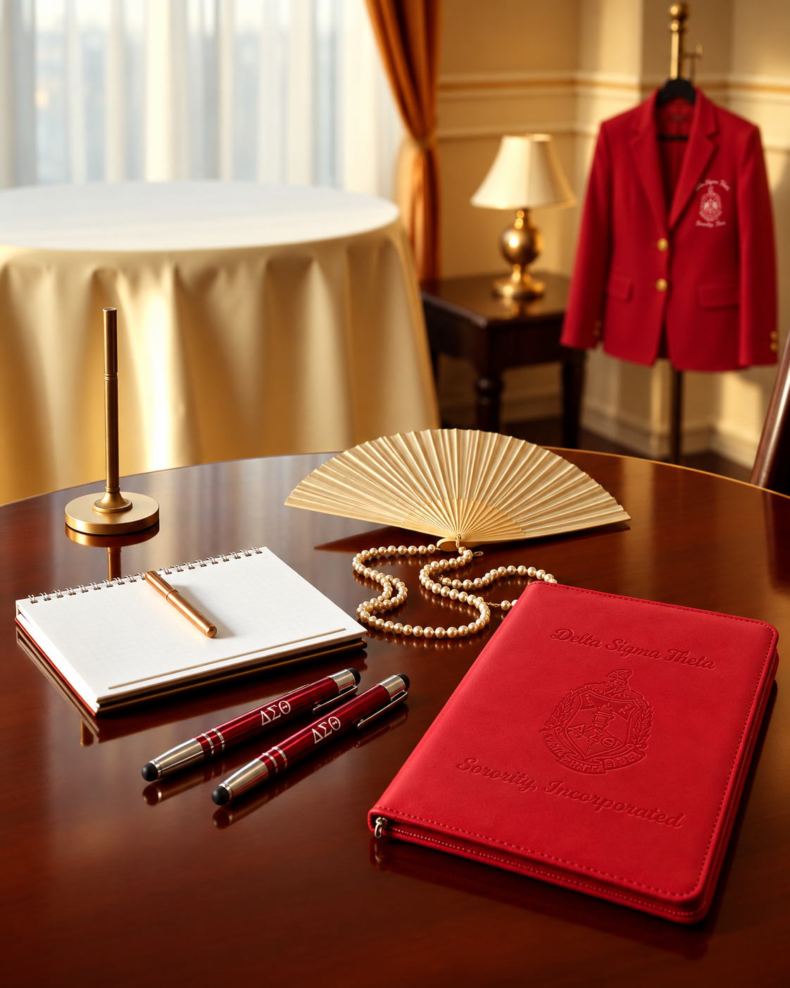 Chapter meeting table with crimson Delta Sigma Theta ritual folder, engraved pens, notepad, pearls and a fan, with a red crest blazer in the background