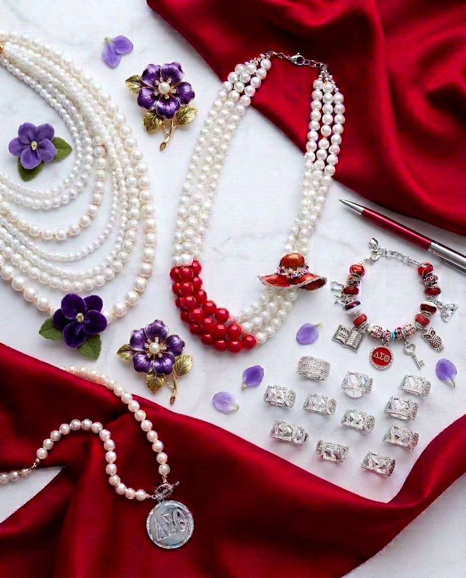 Delta Sigma Theta pearl necklaces, African violet brooches and fabric violets, scattered petals, crimson and silver pen, charm bracelet and crystal rings on marble with crimson silk