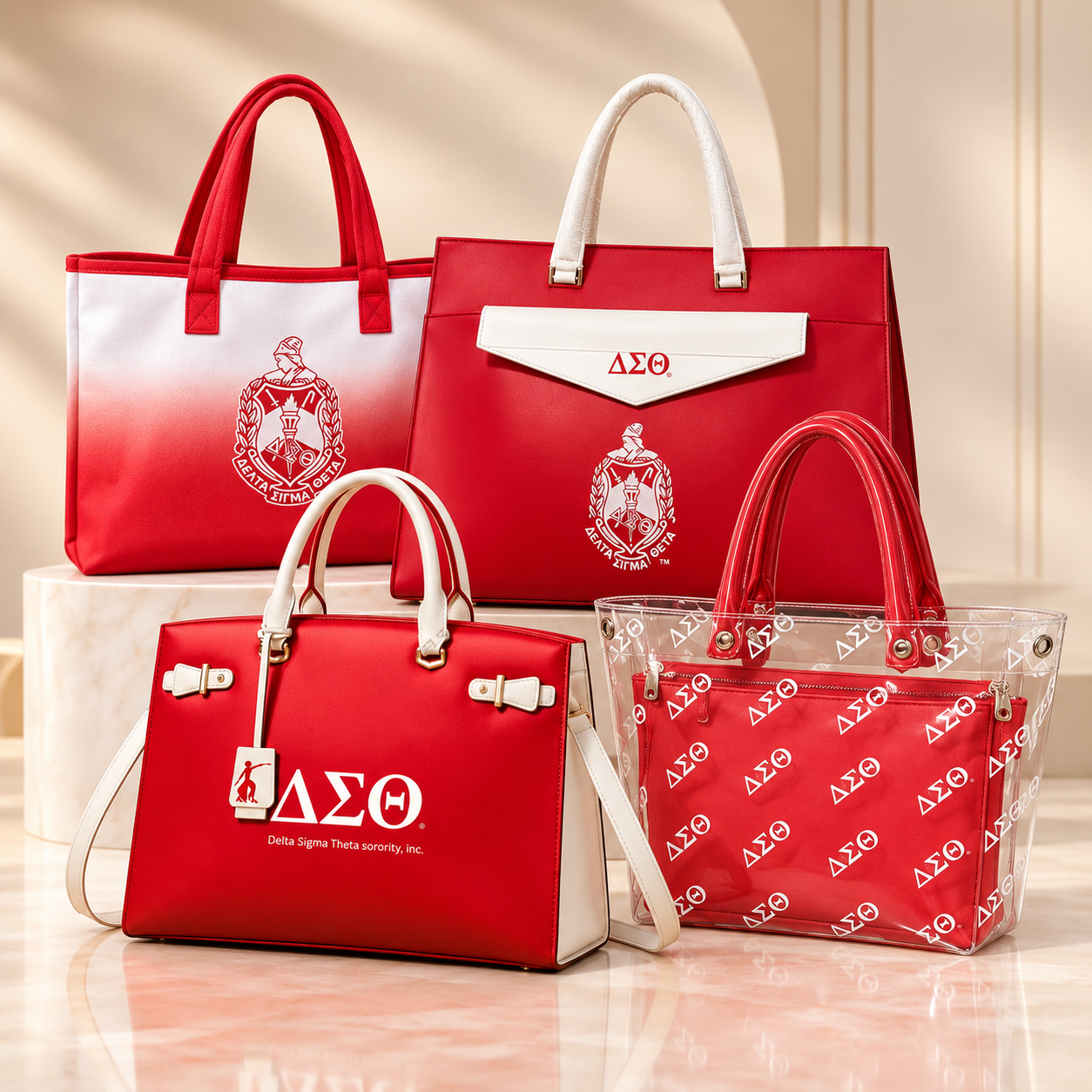 Cluster of crimson and cream Delta Sigma Theta handbags, totes and a clear stadium bag