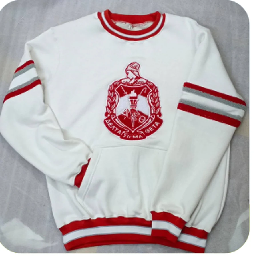 White varsity sweat top with red-and-white Delta Sigma Theta crest appliqué