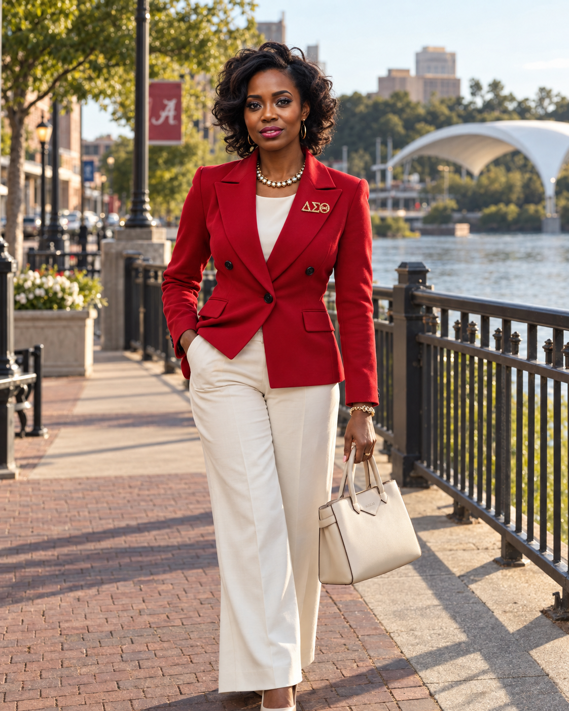Delta alumna in a crimson blazer with gold Delta Sigma Theta pin, pearls and a cream handbag walking along the Tuscaloosa riverwalk