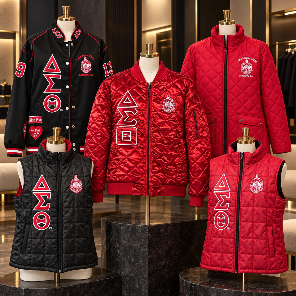 Delta Sigma Theta outerwear display with black letter jacket, red quilted bomber, red quilted coat and black and red vests