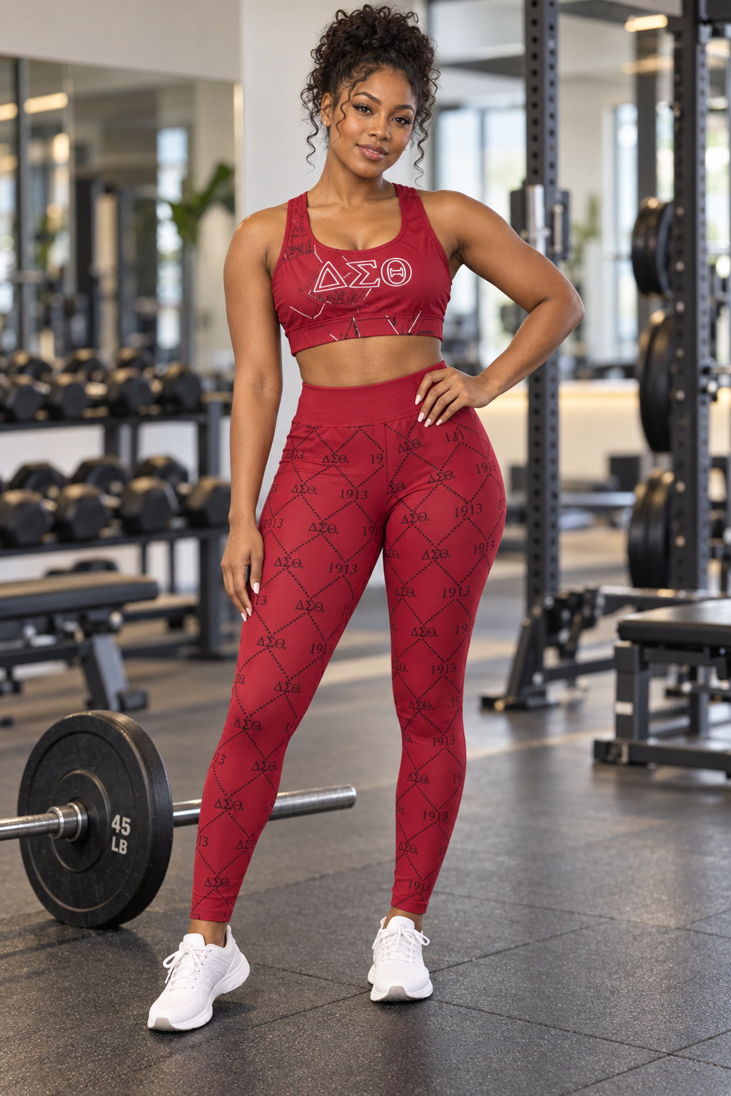 Woman wearing a red cropped Delta Sigma Theta sports bra and high-rise leggings with an all-over ΔΣΘ and 1913 pattern