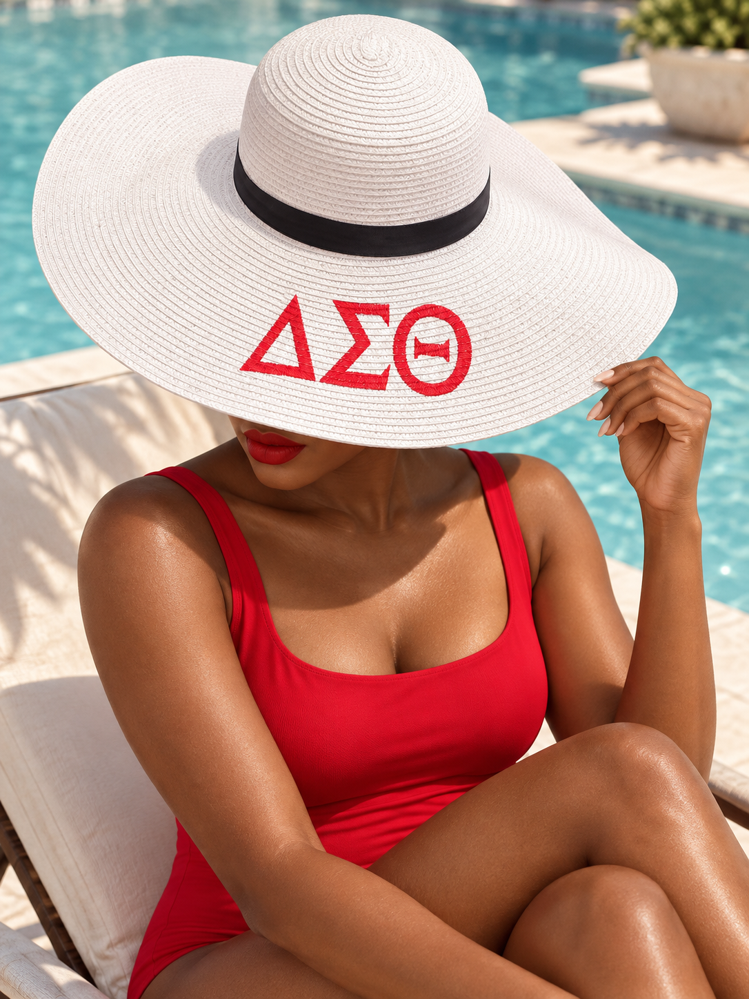 Woman in red swimwear wearing a white Delta Sigma Theta sunhat poolside