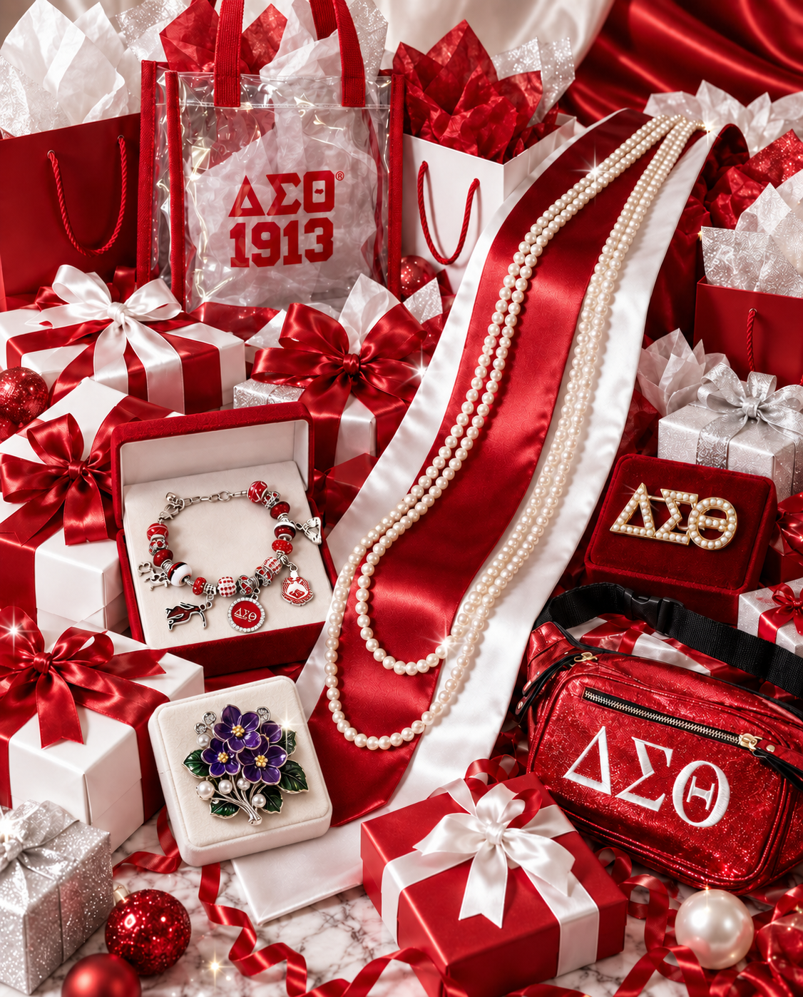 Crimson and white Delta Sigma Theta gift display with pearl strands over a red and white stole, charm bracelet, violet brooch, pearl crest pin, belt bag and 1913 tote