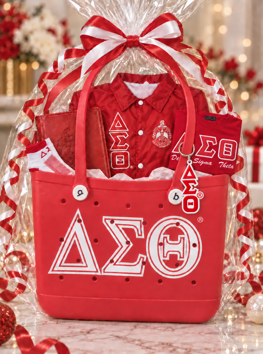 New Initiate Blogg Gift Bag wrapped in cellophane with a red-and-white bow and filled with Delta gifts