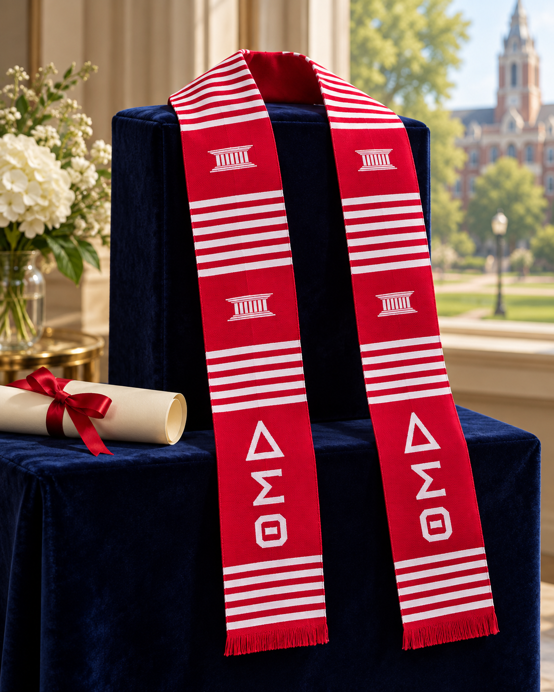 Crimson and white ΔΣΘ kente graduation stole with white column and Greek-letter patterns, draped over a velvet pedestal with a diploma and campus in the background