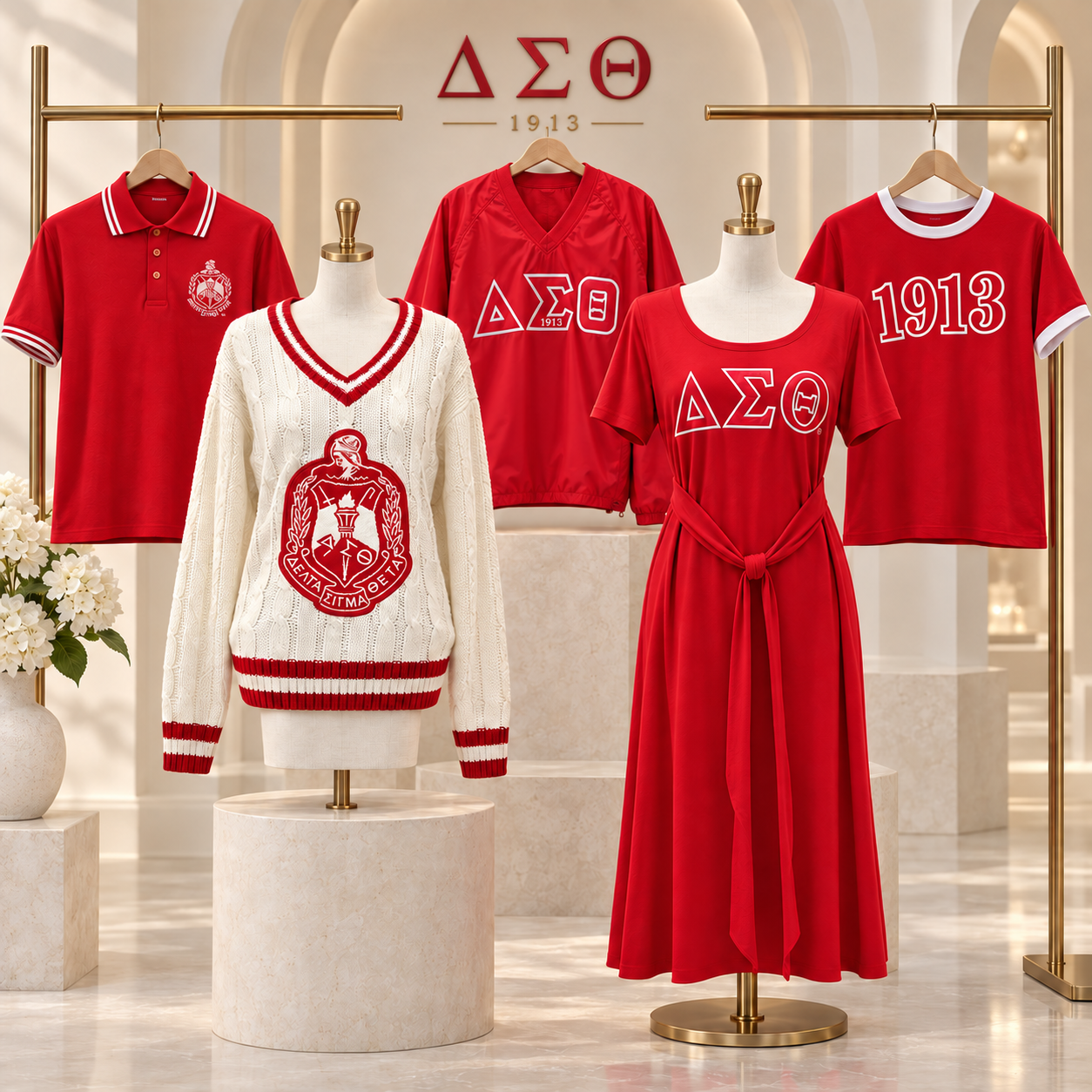 Delta Sigma Theta apparel display with crimson polo, cream crest sweater, windbreaker, red dress and 1913 ringer tee