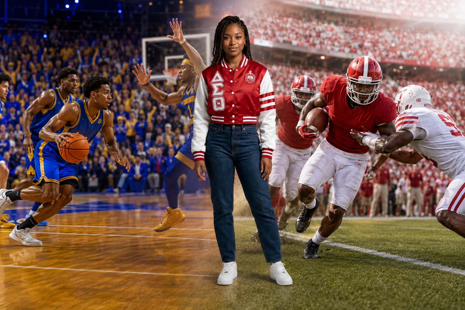 Delta woman in a crimson and white Delta Sigma Theta letter jacket between a Stillman basketball game and an Alabama football game