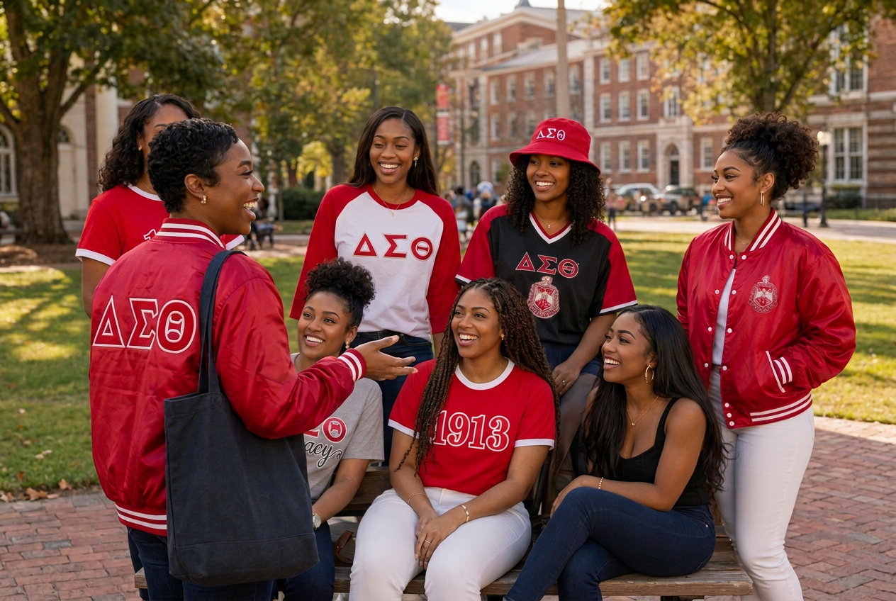 Group of Delta women in crimson and cream Greek apparel gathered on a college campus