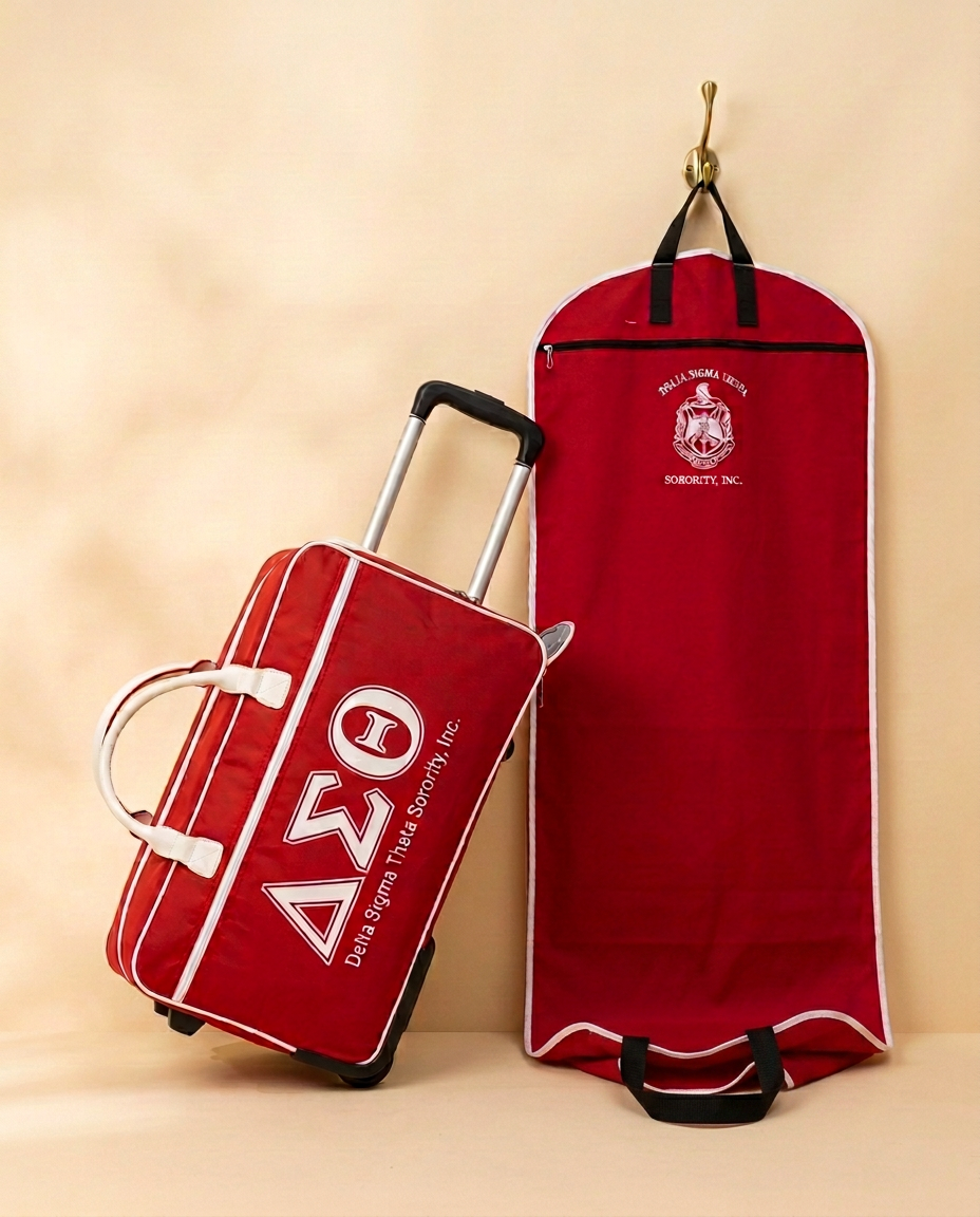 Red and white Delta Sigma Theta rolling duffle leaning against the wall beside a hanging crimson Delta garment bag